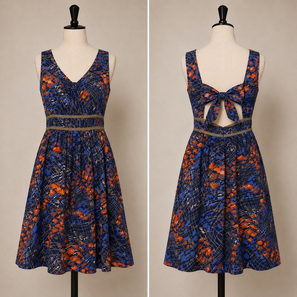 Cremieux Dress 6 Navy Orange Abstract Cutout Fit Flare Sleeveless arty eclectic